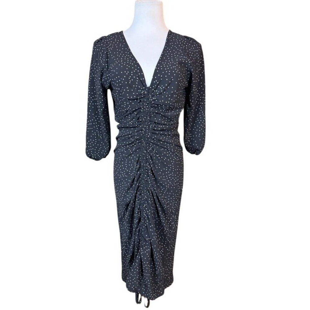 Zara Basic Womens Black‎ Polka Dot Ruched V-Neck Midi Dress 3/4 Sleeve Size M